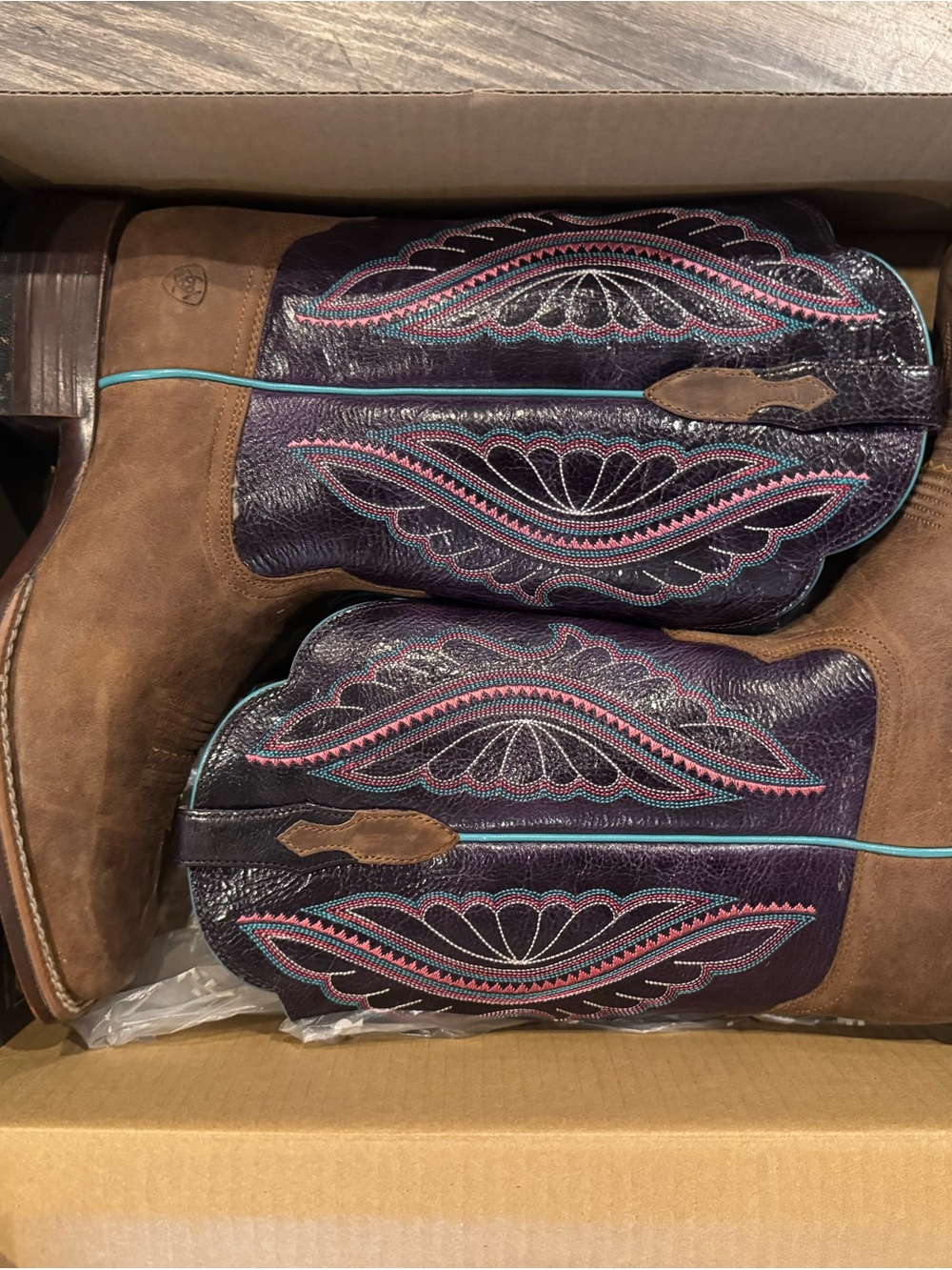 Ariat Brown Suede & Purple Embroidered Western Booties with Pink Accents